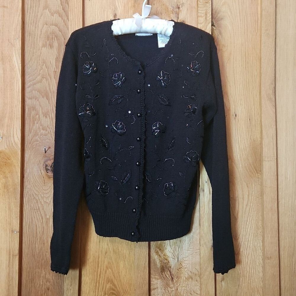Kathie Lee Collection Vintage Beaded Floral Embellished Cardigan, Medium, Black